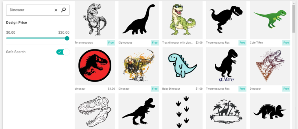 Dinosaurs designs in the customizer tool